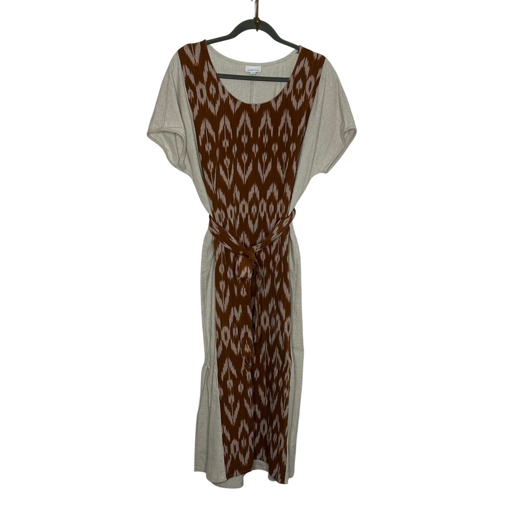 J. Jill Pure Jill Elements Ikat Print Maxi Dress Size L Beige Brown Cotton Linen